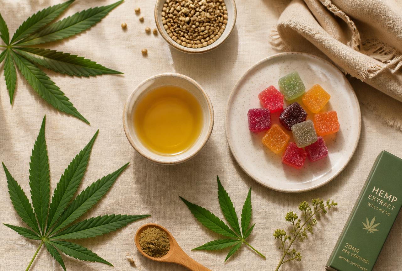 Hemp leaves, extract oil and fruit gummies laid out on linen